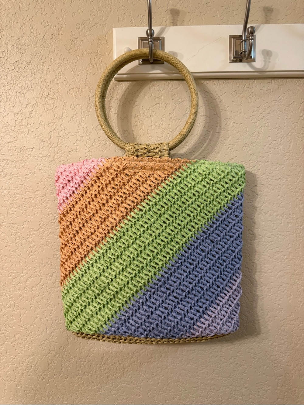 T.J.Maxx Multicolor Diagonal Striped Straw Tote with Round Handles